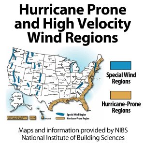Map of Hurricane Prone and High Velocity Wind Regions of the United States