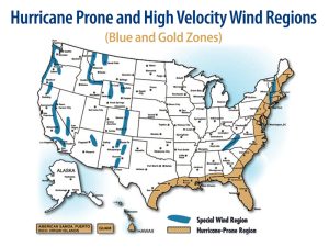 United States map of hurricane prone and high velocity wind regions