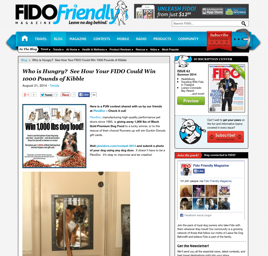 PlexiDor photo contest featured in Fido Friendly Magazine