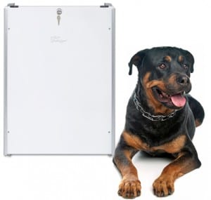 PlexiDor dog door with mounted sliding track and security plate. Extra Large.